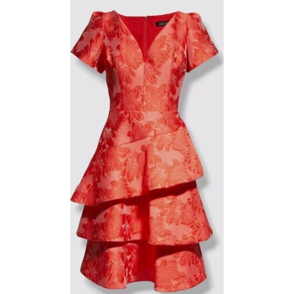 NEW Rickie Freeman For Teri Jon Women's Pink Ruffle Tiered Jacquard Dress Size 4